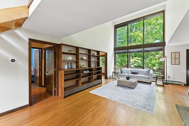 26 Ashfield Ln, South Hadley, MA 01075 - living room with a high ceiling, light wood-style flooring, and a baseboard heating unit