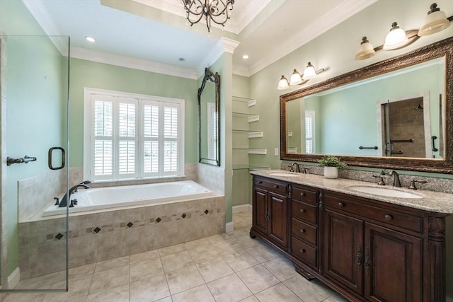 9 Windsor Ln, East Longmeadow, MA 01028 - full bathroom with a garden tub, ornamental molding, double vanity, a tile shower, and tile patterned floors