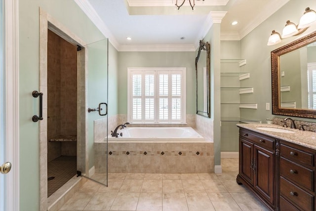 9 Windsor Ln, East Longmeadow, MA 01028 - full bathroom with a garden tub, crown molding, vanity, a tile shower, and tile patterned flooring