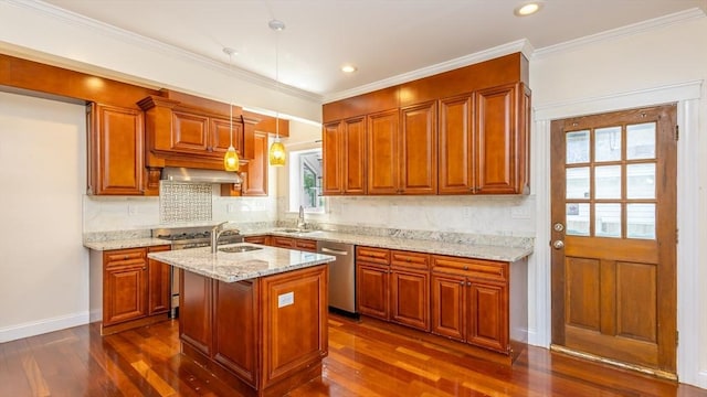 kitchen featuring dark wood-style floors, decorative backsplash, wall chimney exhaust hood, and stainless steel dishwasher