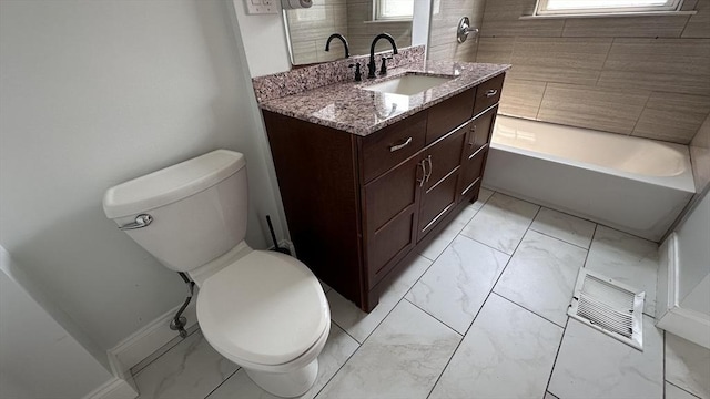 full bathroom featuring visible vents, baseboards, toilet, marble finish floor, and vanity