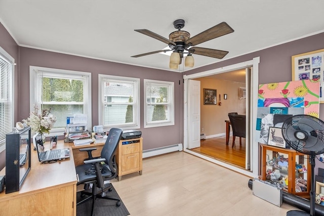 office featuring baseboards, ceiling fan, ornamental molding, a baseboard heating unit, and light wood-type flooring