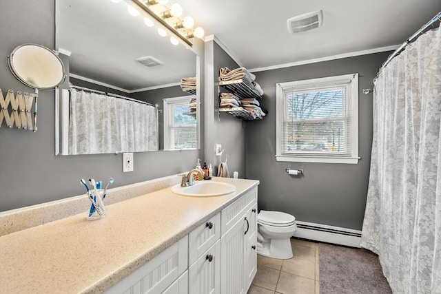 full bathroom with a baseboard heating unit, visible vents, crown molding, and tile patterned flooring