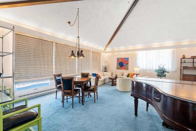 carpeted dining room featuring lofted ceiling with beams, a baseboard radiator, and plenty of natural light