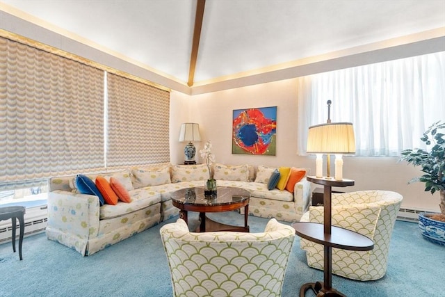 carpeted living room with a baseboard radiator, beam ceiling, and high vaulted ceiling