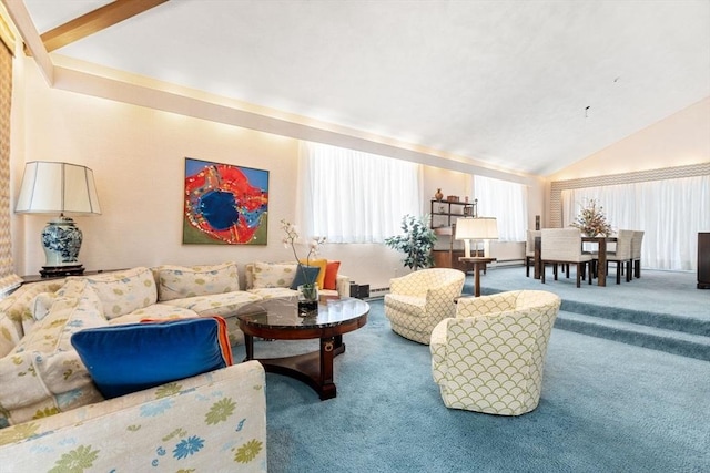 carpeted living room with a baseboard radiator and vaulted ceiling