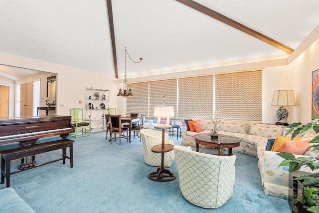 carpeted living room with beamed ceiling and high vaulted ceiling