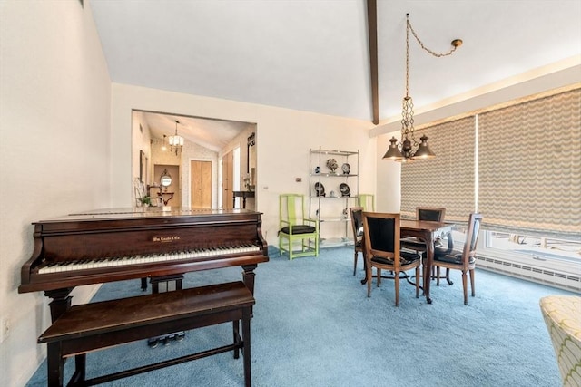 interior space with lofted ceiling, a baseboard heating unit, and a notable chandelier