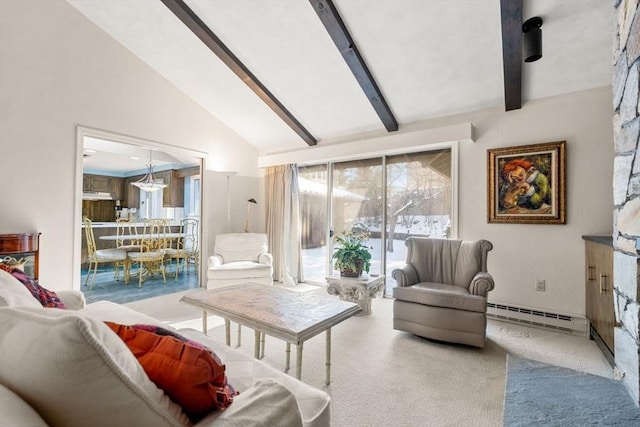 living room featuring baseboard heating, high vaulted ceiling, light carpet, and beamed ceiling