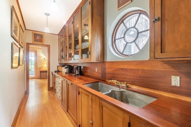 kitchen featuring pendant lighting, light hardwood / wood-style floors, and sink