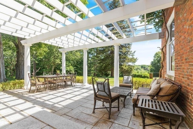 view of patio / terrace featuring an outdoor hangout area and a pergola