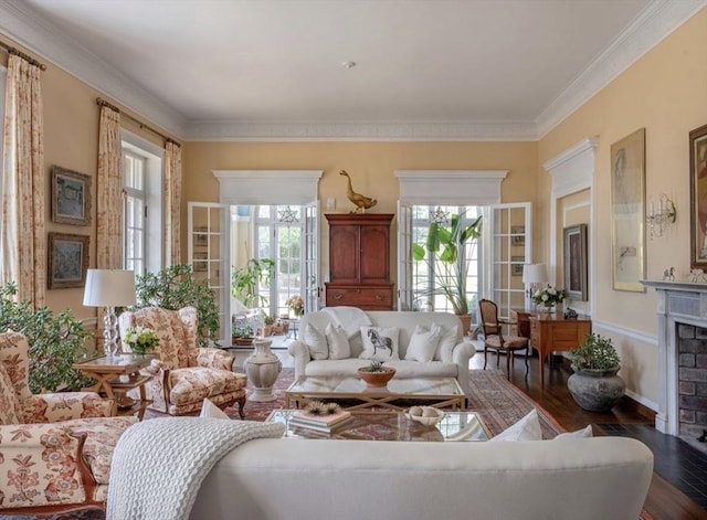 living room featuring dark wood-type flooring and crown molding