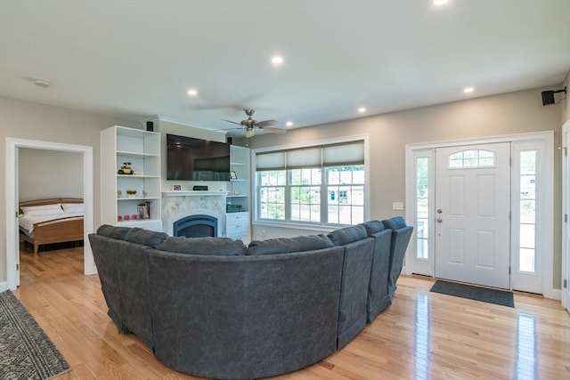 3 Ethan Cir, South Hadley, MA 01075 - living area featuring a ceiling fan, light wood-style floors, a fireplace, and recessed lighting
