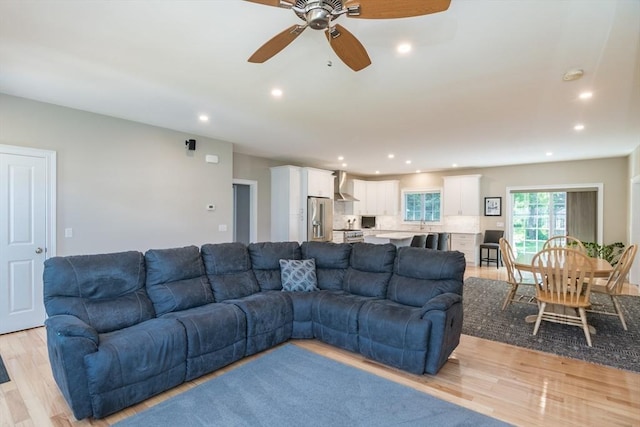3 Ethan Cir, South Hadley, MA 01075 - living room with light wood-style floors, recessed lighting, and ceiling fan