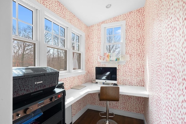 office area with wallpapered walls