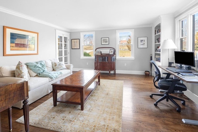 home office featuring built in features, ornamental molding, baseboards, and dark wood-style flooring