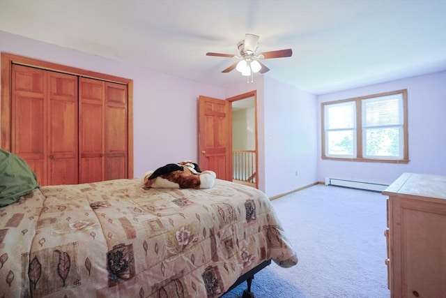 439 S St Unit A, Plainville, MA 02762 - bedroom with baseboard heating, light colored carpet, a closet, and ceiling fan