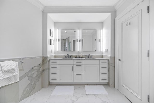 bathroom with crown molding, tile walls, and vanity