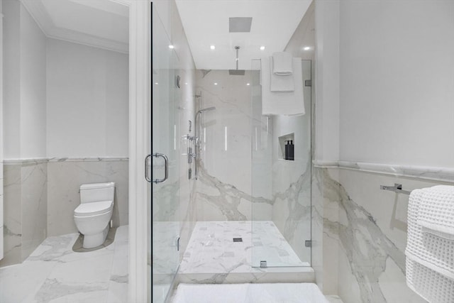 bathroom featuring toilet, tile walls, crown molding, and walk in shower