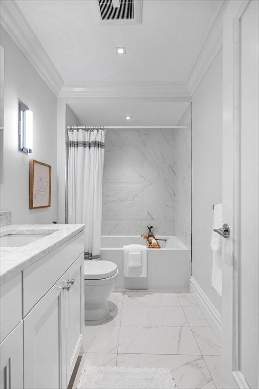 full bathroom featuring toilet, vanity, crown molding, and shower / bath combo