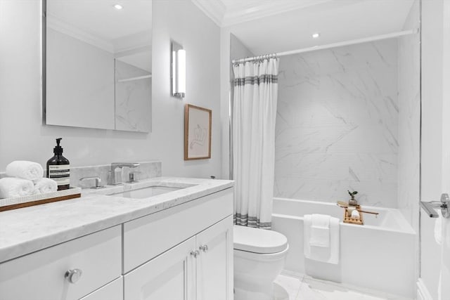 full bathroom featuring toilet, ornamental molding, shower / tub combo, and vanity