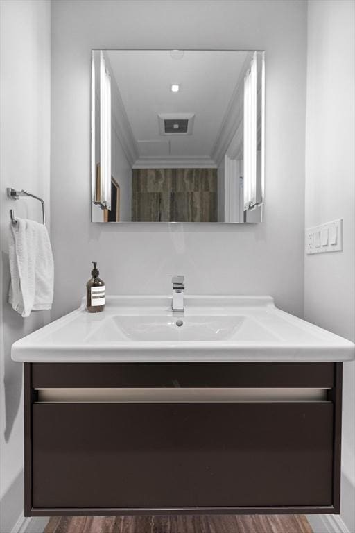 bathroom with wood-type flooring and vanity