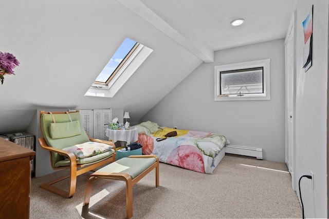 28 Gardner St, Arlington, MA 02474 - carpeted bedroom featuring a baseboard radiator, lofted ceiling, and a skylight