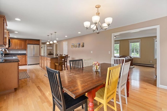 8 Brian Cir, Grafton, MA 01519 - dining room featuring a baseboard radiator, a chandelier, light wood finished floors, recessed lighting, and baseboards