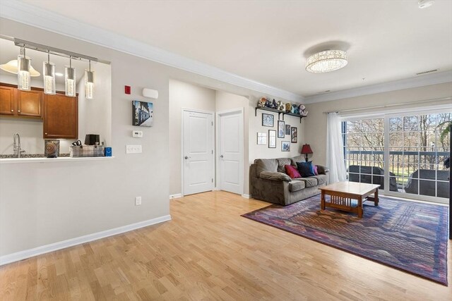 living room featuring crown molding, sink, and light wood-type flooring