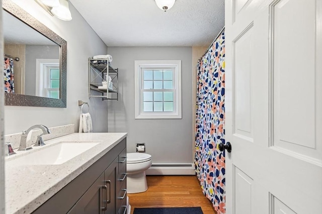 15 Bunny Ln, Brooklyn, CT 06234 - bathroom with a baseboard radiator, vanity, toilet, wood finished floors, and a shower with curtain