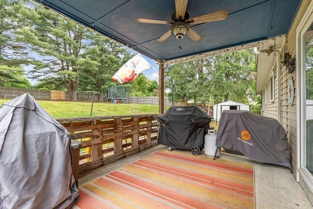 15 Bunny Ln, Brooklyn, CT 06234 - wooden deck with a trampoline, a grill, and ceiling fan