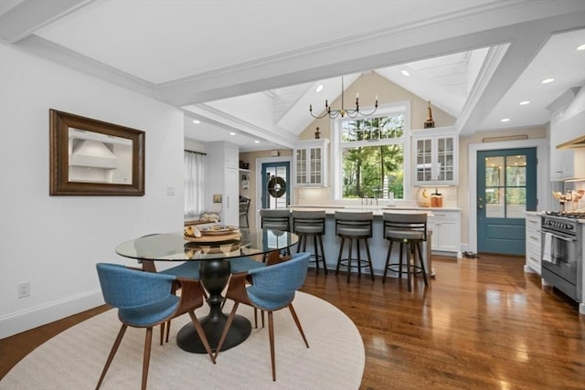 dining area with plenty of natural light, dark wood-style floors, baseboards, and recessed lighting