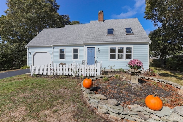 cape cod home featuring a garage and a front yard