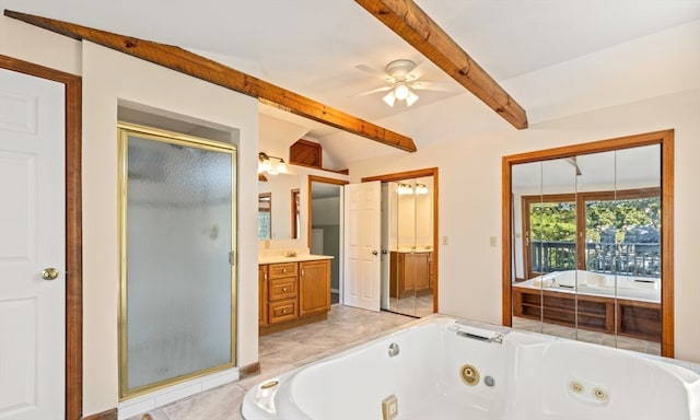 bathroom with ceiling fan, vaulted ceiling with beams, vanity, and shower with separate bathtub