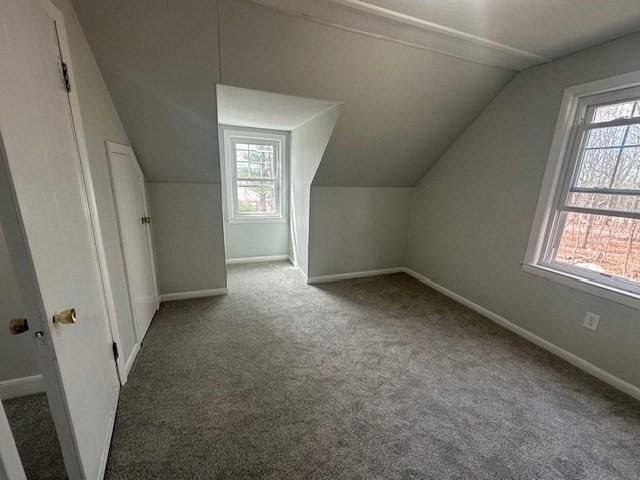 bonus room featuring carpet flooring, vaulted ceiling, and baseboards