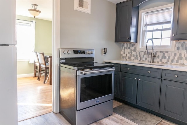 kitchen with a sink, tasteful backsplash, light wood finished floors, and stainless steel range with electric cooktop