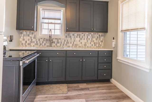 kitchen with a sink, gray cabinetry, a healthy amount of sunlight, and stainless steel range with electric cooktop