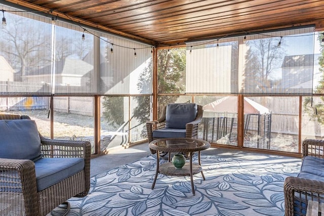 sunroom with wood ceiling