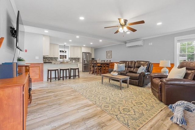 33 N Shore Rd, Westminster, MA 01473 - living area featuring a wall mounted air conditioner, a ceiling fan, light wood-style floors, recessed lighting, and crown molding