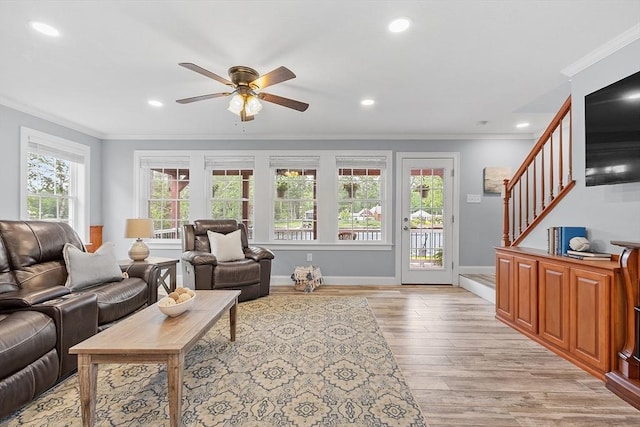 33 N Shore Rd, Westminster, MA 01473 - living room with crown molding, stairway, light wood finished floors, recessed lighting, and a ceiling fan