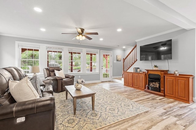 33 N Shore Rd, Westminster, MA 01473 - living room featuring crown molding, a ceiling fan, light wood finished floors, recessed lighting, and stairway