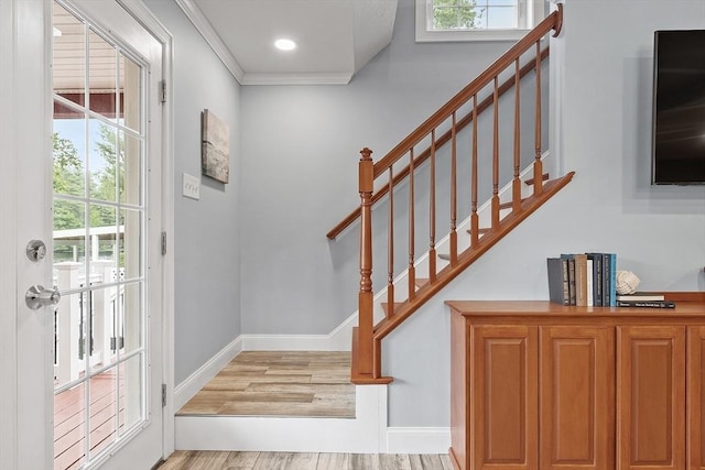 33 N Shore Rd, Westminster, MA 01473 - foyer featuring stairs, light wood-type flooring, and crown molding