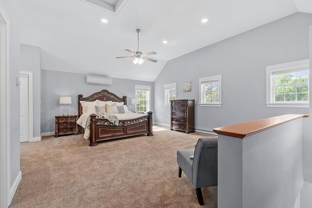 33 N Shore Rd, Westminster, MA 01473 - bedroom featuring lofted ceiling, multiple windows, a wall mounted AC, light colored carpet, and recessed lighting