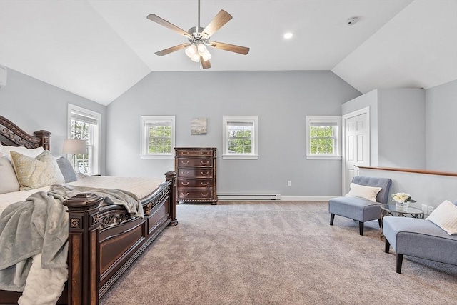 33 N Shore Rd, Westminster, MA 01473 - carpeted bedroom featuring a baseboard radiator, vaulted ceiling, and a ceiling fan