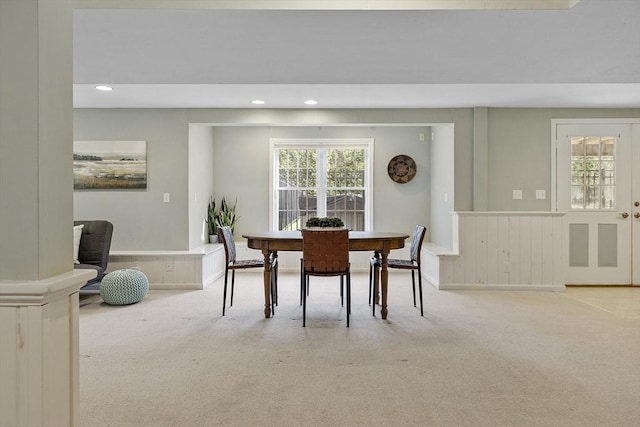 dining area featuring carpet flooring and recessed lighting