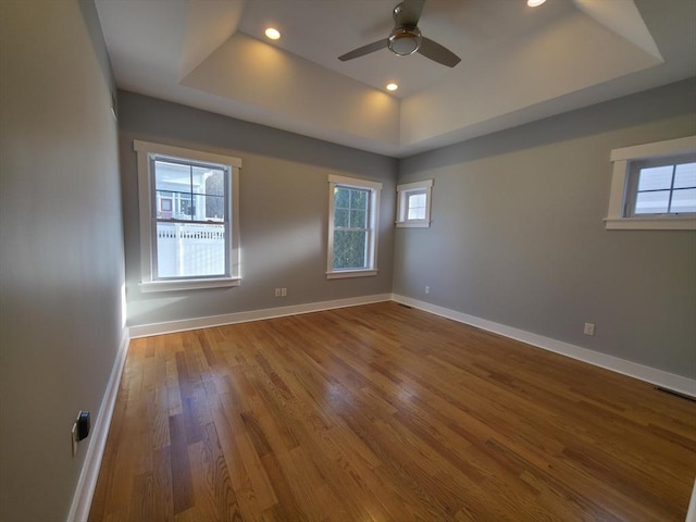 empty room with hardwood / wood-style flooring, plenty of natural light, a raised ceiling, and ceiling fan