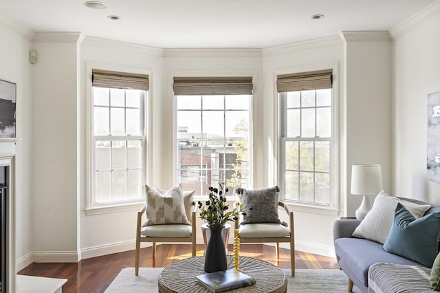 living area with ornamental molding, baseboards, and a healthy amount of sunlight