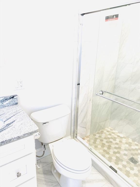 bathroom featuring vanity, toilet, and walk in shower