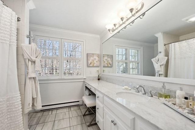 full bathroom featuring a baseboard heating unit, crown molding, vanity, and visible vents