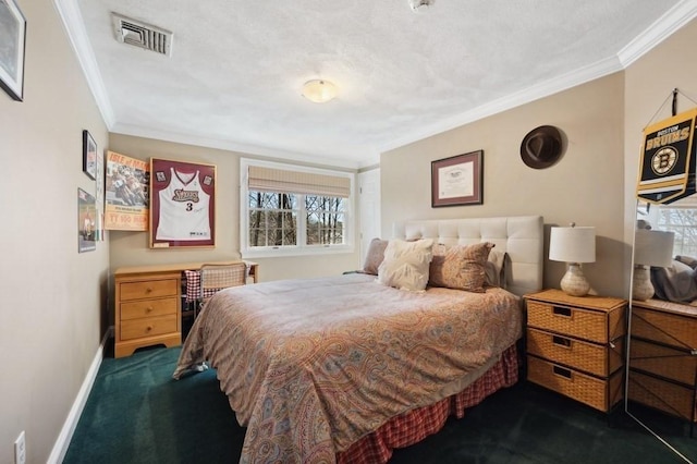 bedroom with visible vents, baseboards, and ornamental molding